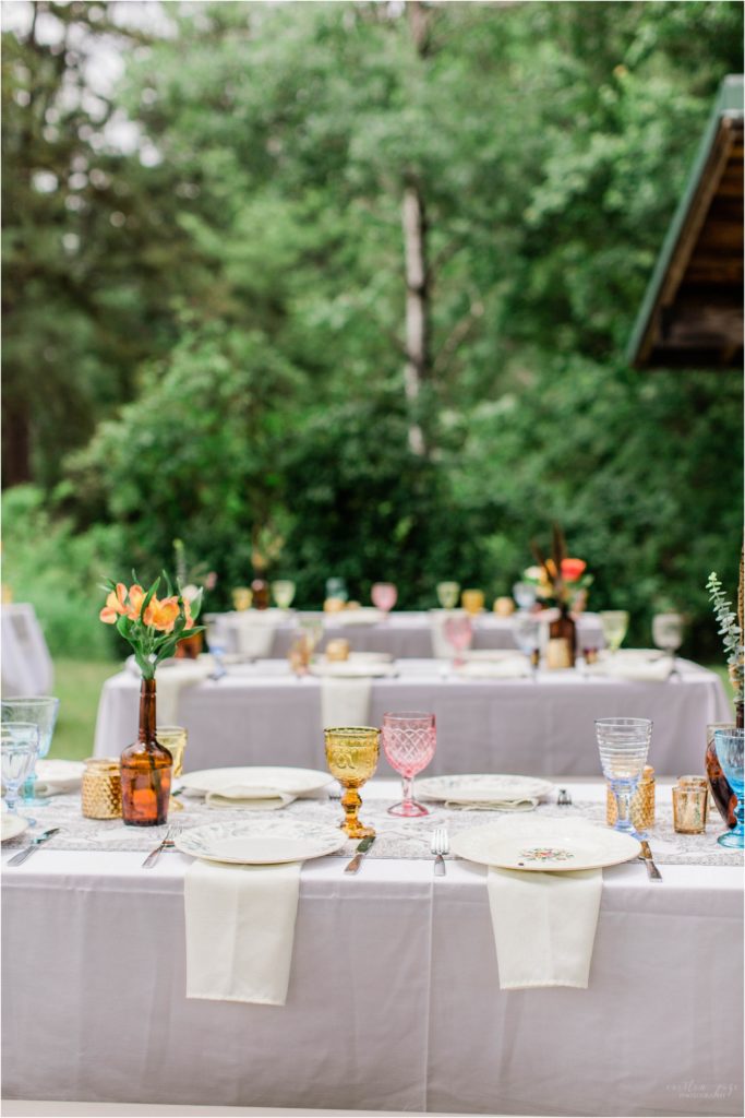 Mismatched china and glassware table settings summer bridal shower inspiration