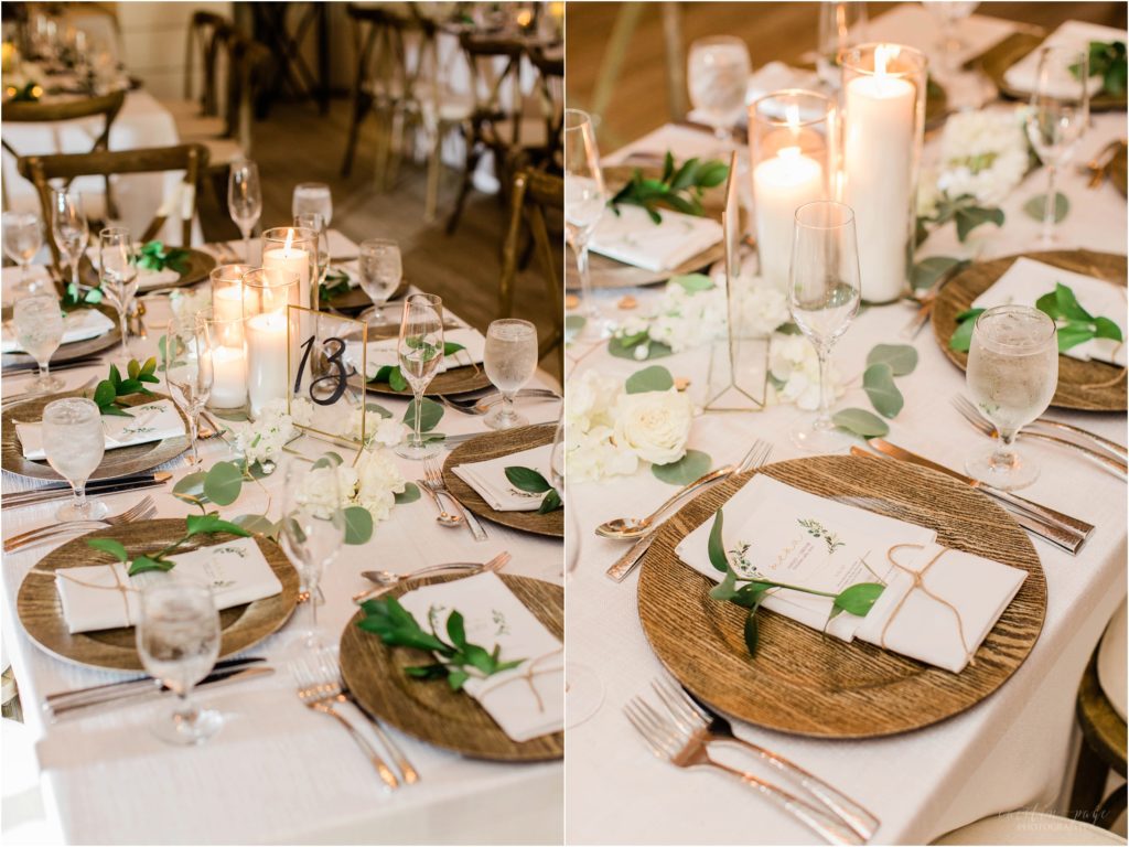 reception setting with wooden chargers and greens