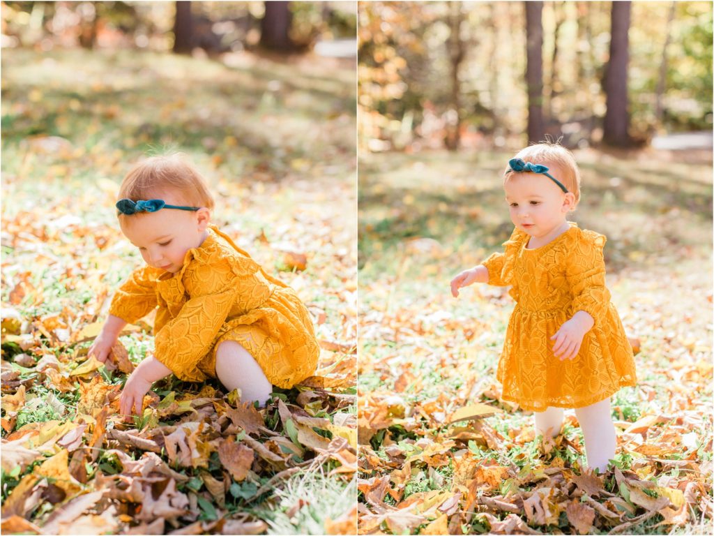 toddler in mustard colored dress standing in yard