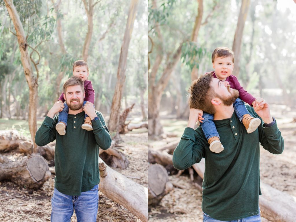 Little boy on top of dads shoulders
