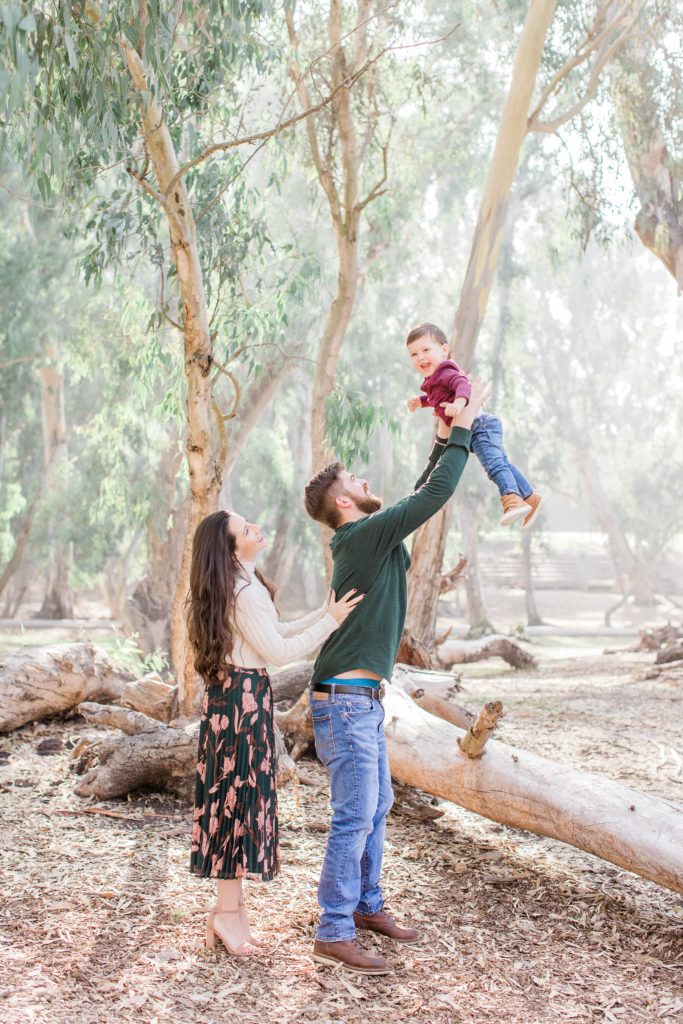 Dad throwing little boy in the air while mom watches