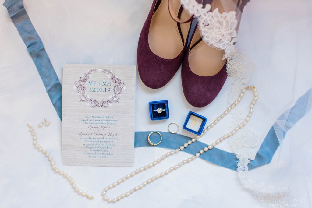 Blue and burgundy wedding details