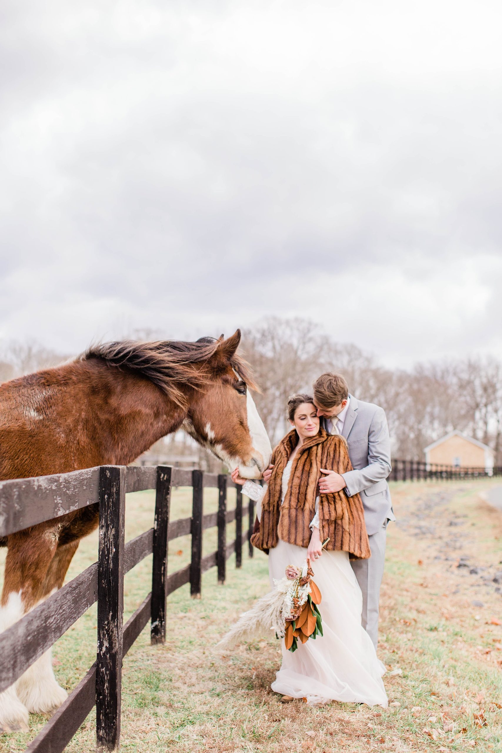 Couple standing at Mount Ida farm with Clydesdale horse