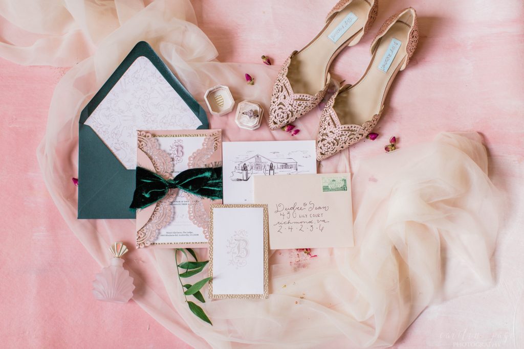Vintage styled invitation suite with pink and green velvet at Mount Ida Farm in Charlottesville Virginia