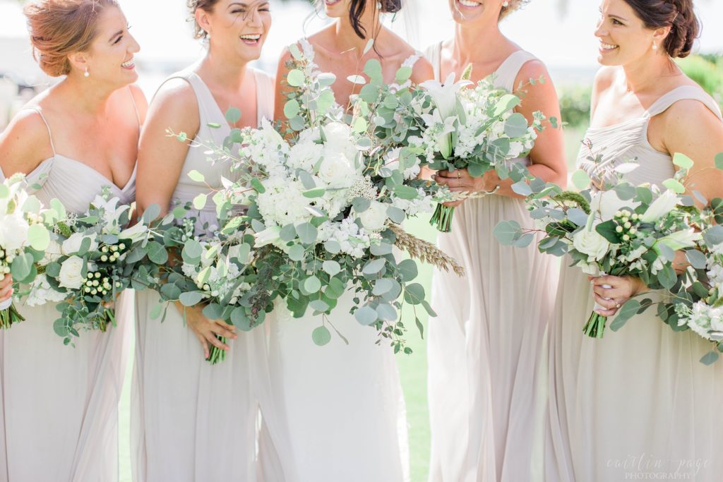 Textured wedding bouquets with whites and greens