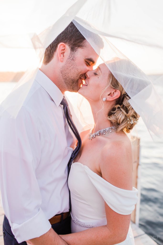 Bride and groom almost kissing at sunset under wedding veil