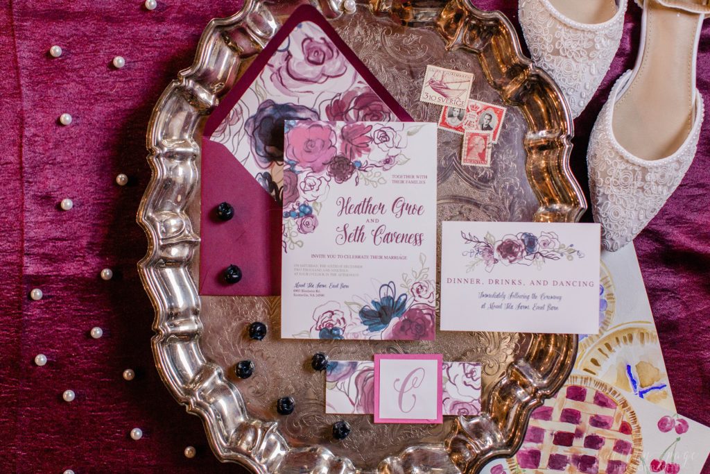 Cranberry styled floral wedding invitation suite at Mount Ida Farm in Charlottesville Virginia