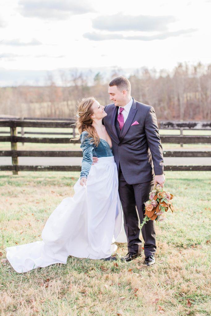 Bride and groom looking at each other at Mount Ida Farm in Charlottesville Virginia