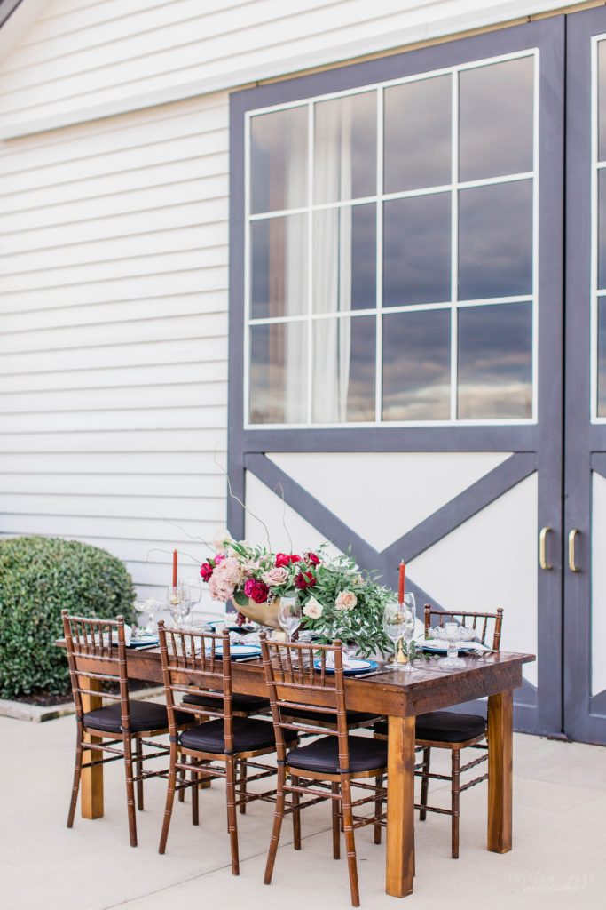 Romantic country style wedding reception tablescape at Mount Ida Farm in Charlottesville Virginia