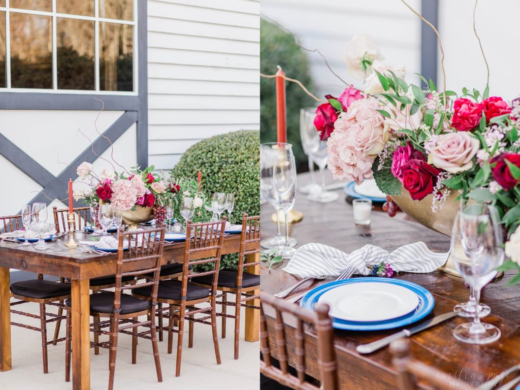 Romantic country style wedding reception tablescape at Mount Ida Farm in Charlottesville Virginia