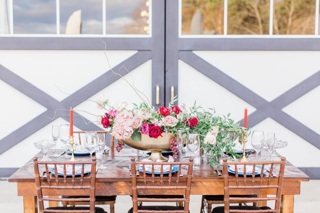 Romantic country style wedding reception tablescape at Mount Ida Farm in Charlottesville Virginia