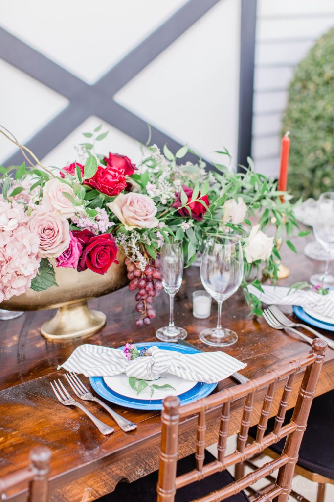 Romantic country style wedding reception tablescape at Mount Ida Farm in Charlottesville Virginia