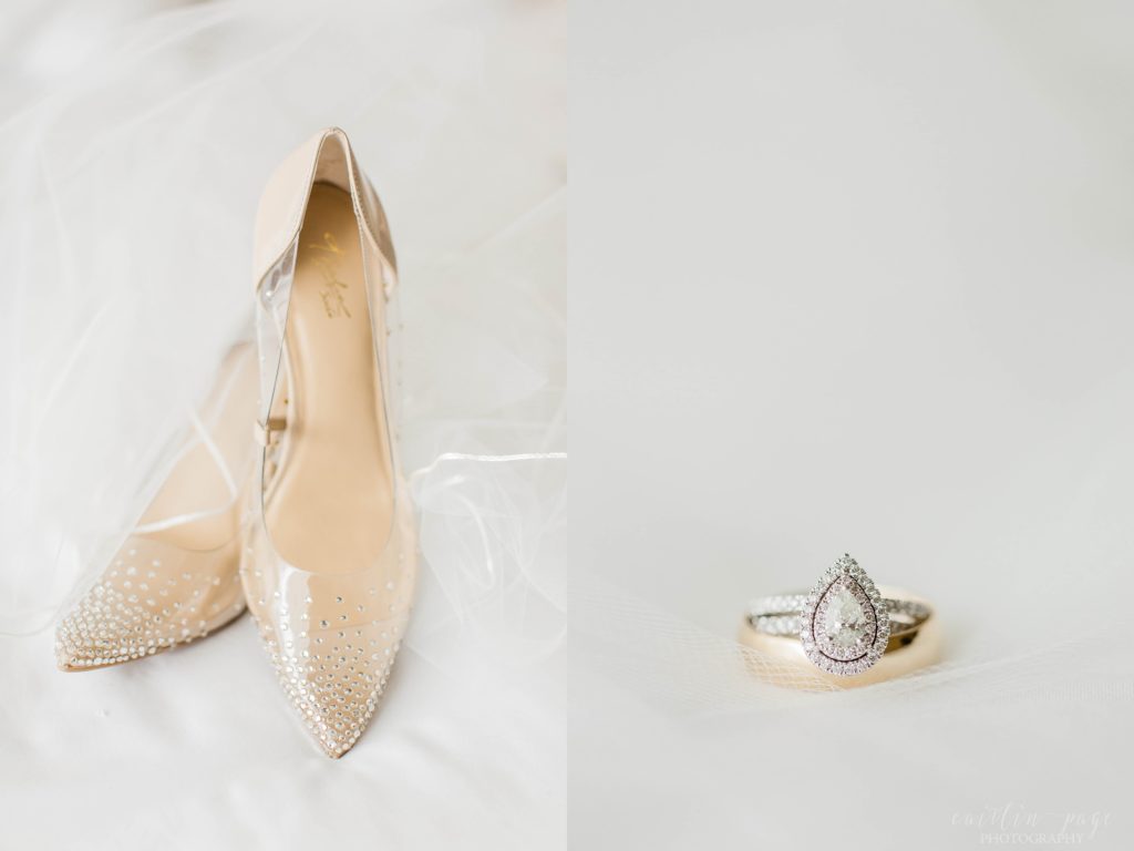 Wedding rings stacked together with wedding heels