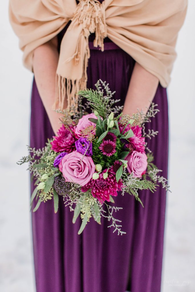 Bridesmaids bouquet in the snow
