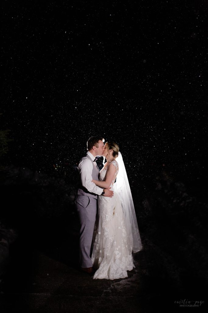 Portrait of bride and groom in the snow lit by flash