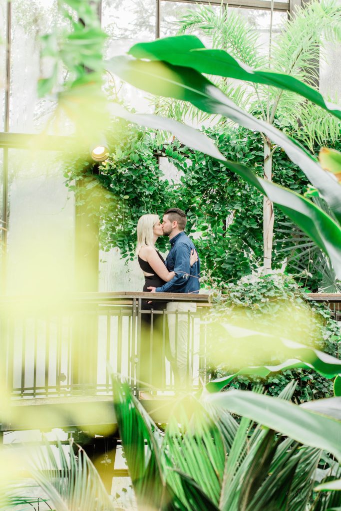 Man and woman kissing through tropical trees at Longwood Gardens