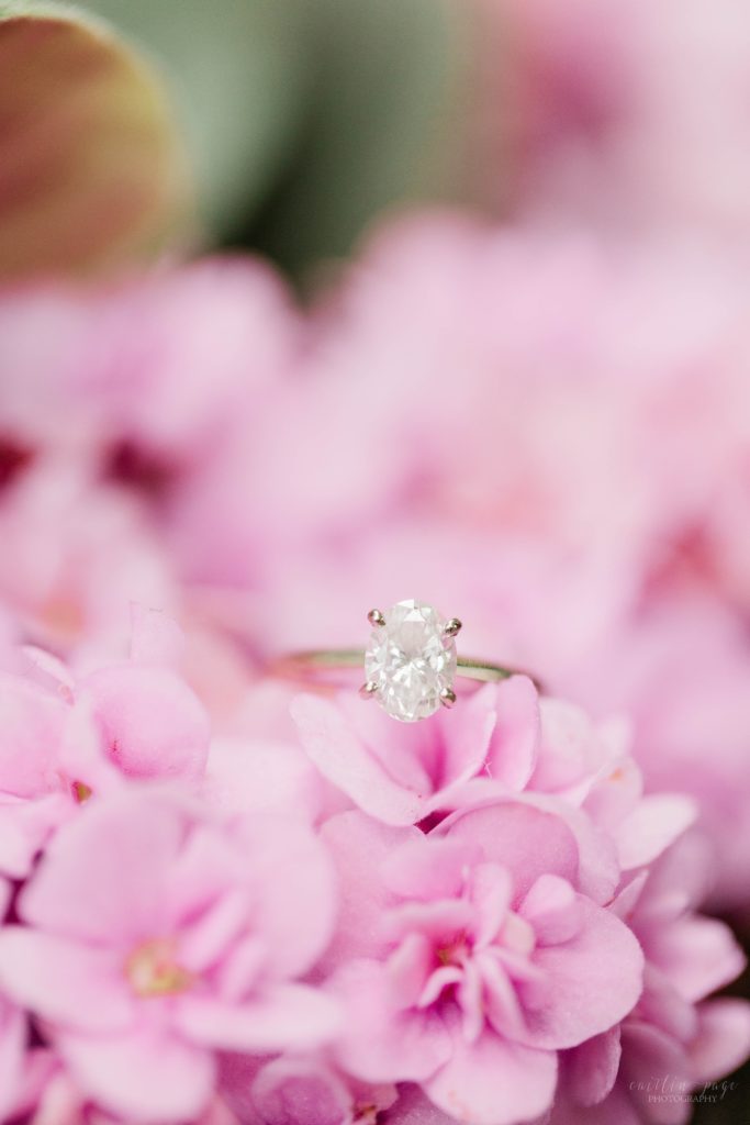 Oval solitaire engagement ring on pink flowers