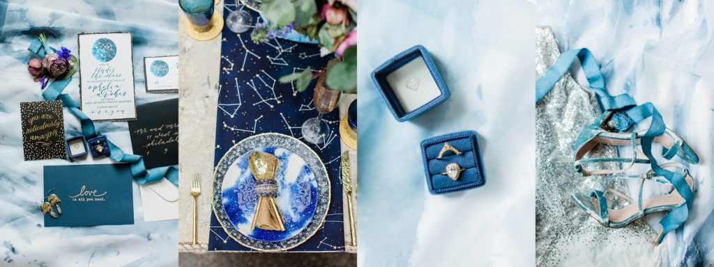 Styled elopement wedding reception table details with blue and gold accents