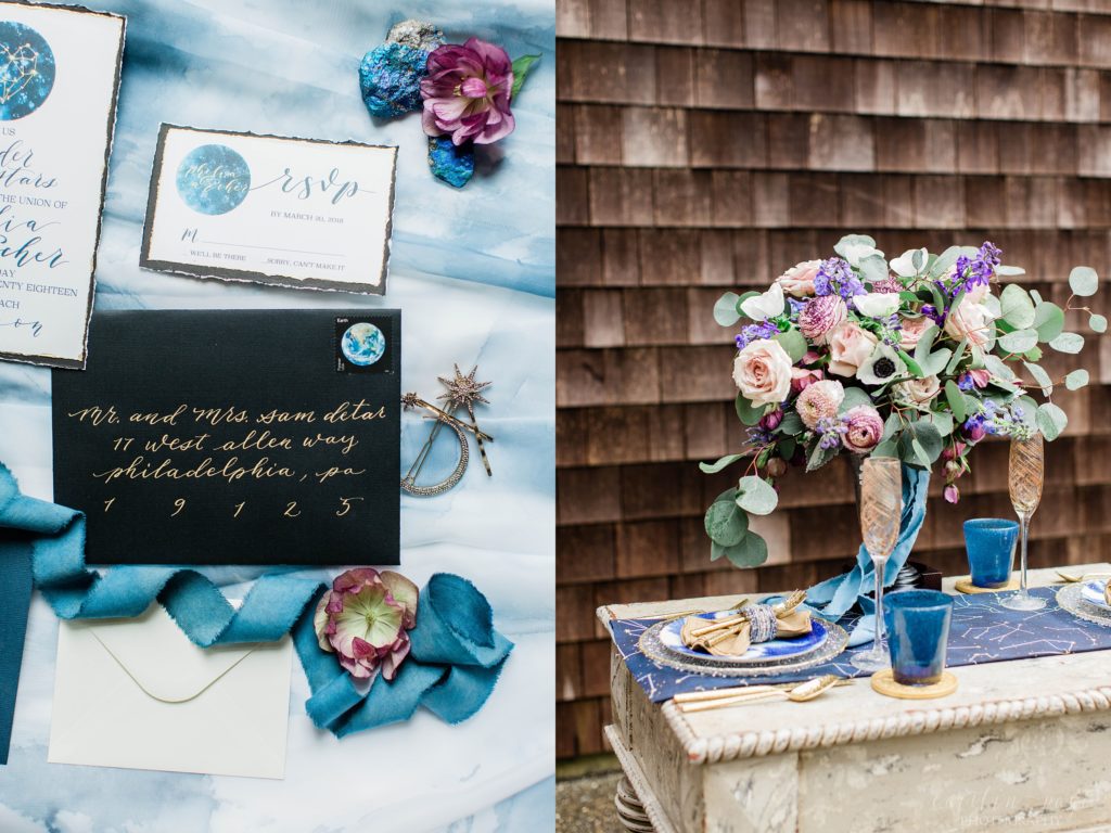 Styled elopement wedding reception table details with blue and gold accents