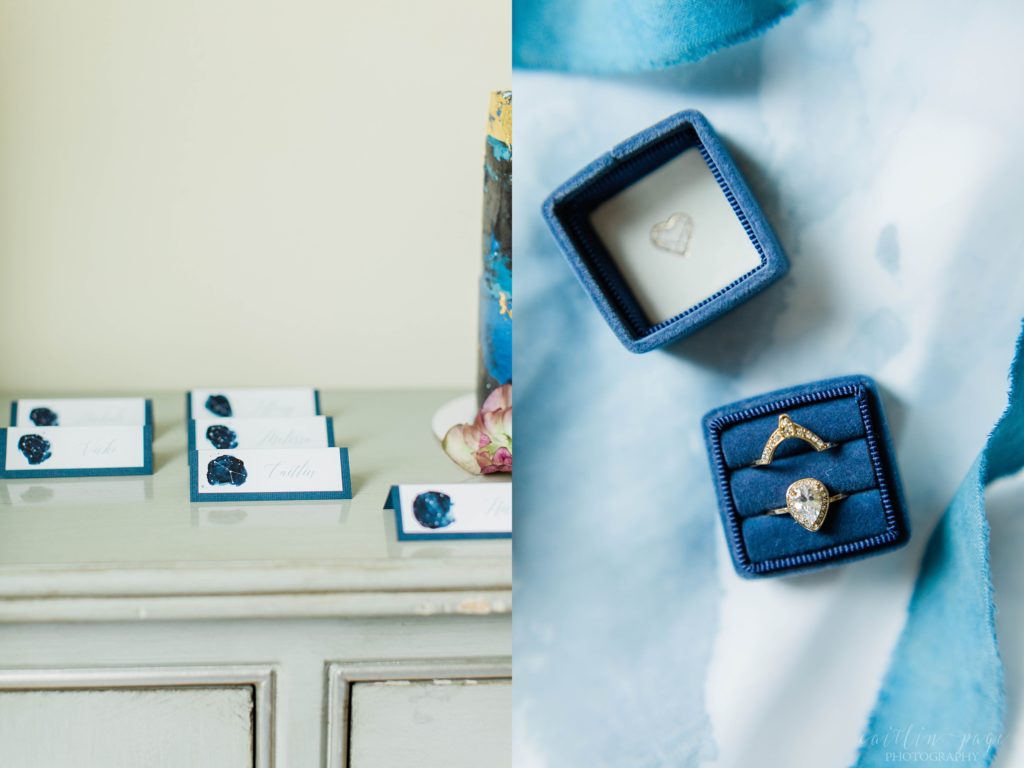 Styled elopement details with blue accents