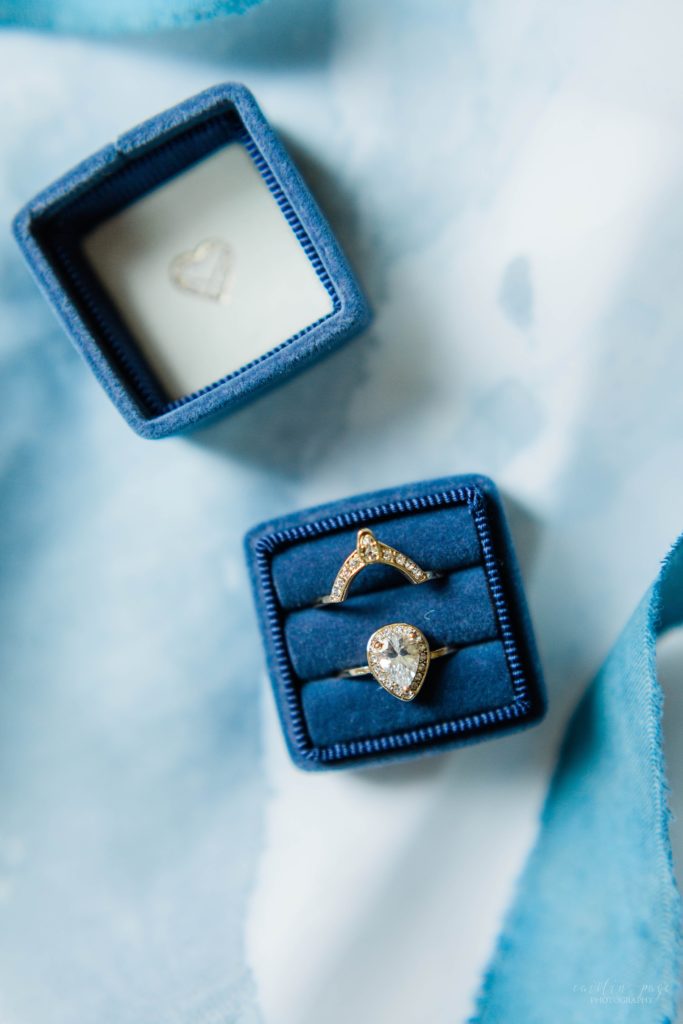 Styled elopement rings in blue velvet ring box