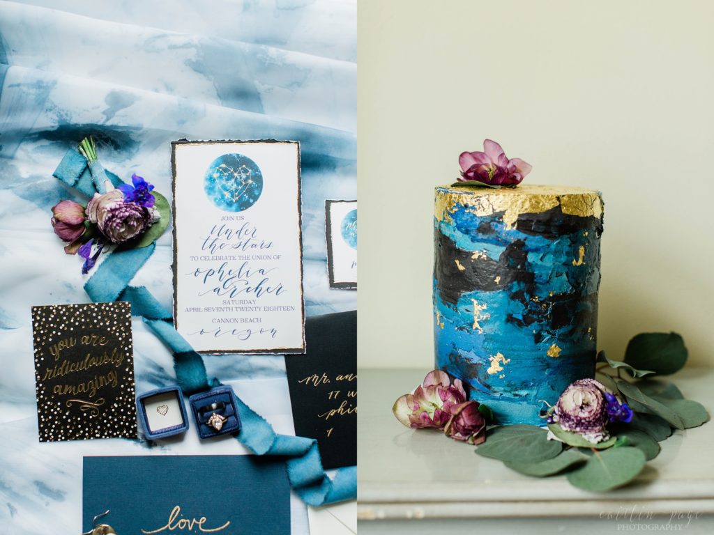 Styled elopement invitation suite and cake details with blue accents