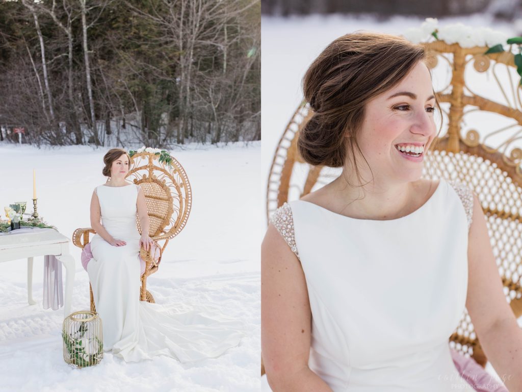 Winter bride sitting in peacock chair on frozen lake