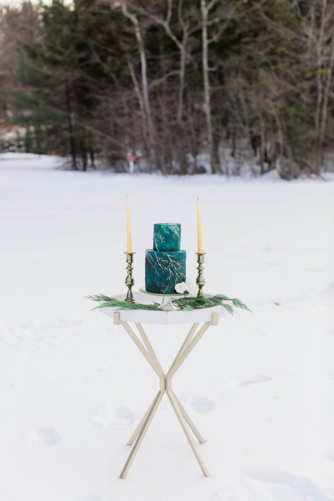 Deep turquoise cake with gold details on cake stand on frozen lake