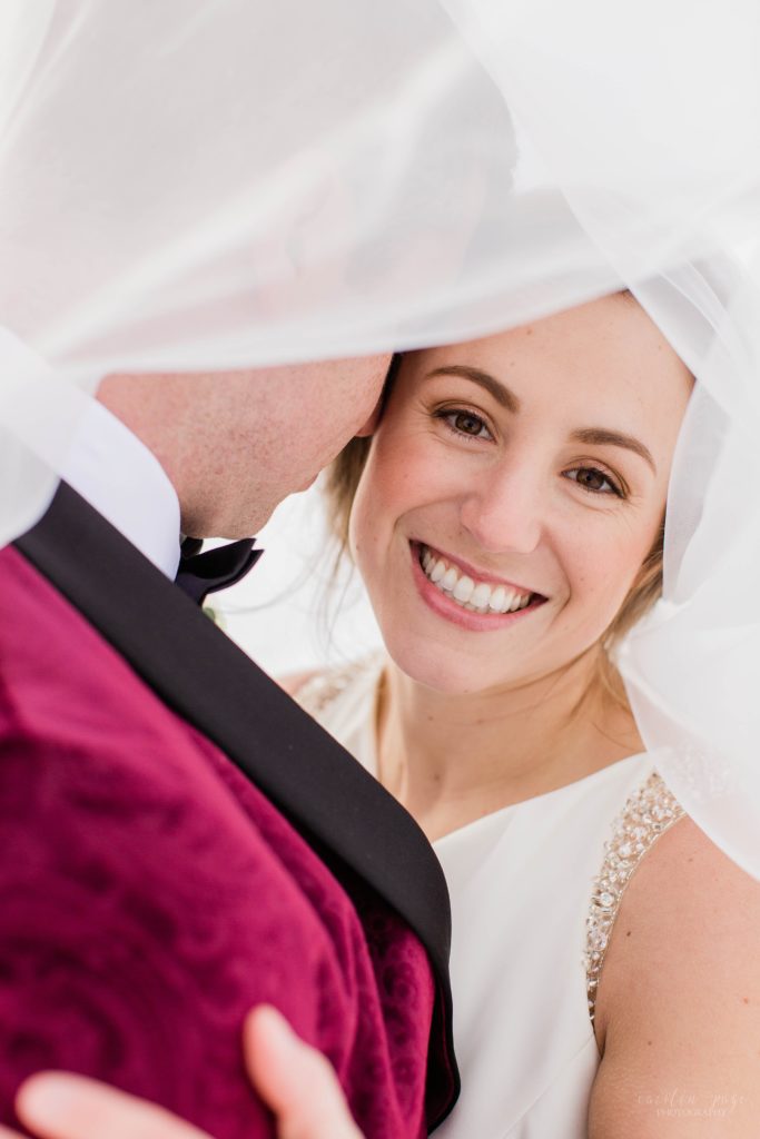 Groom kissing bride on the cheek under wedding veil