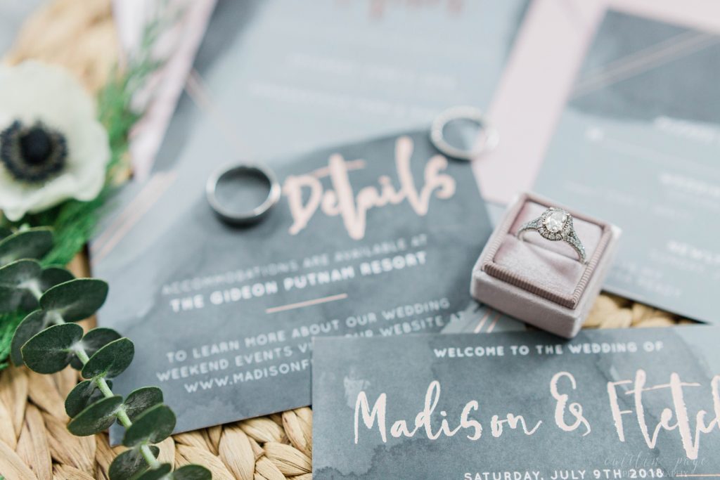 Wedding stationery with wedding rings and florals
