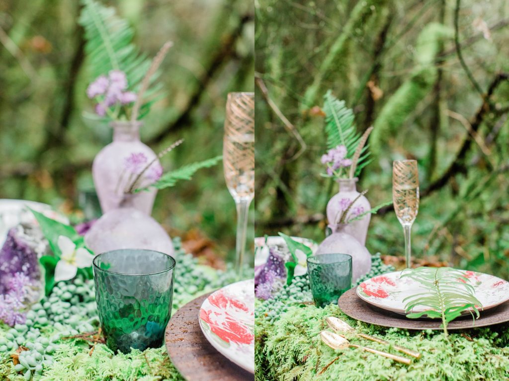 Romantic elopement details with purple and turquoise accents