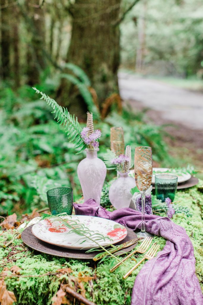 Romantic elopement details with purple and turquoise accents