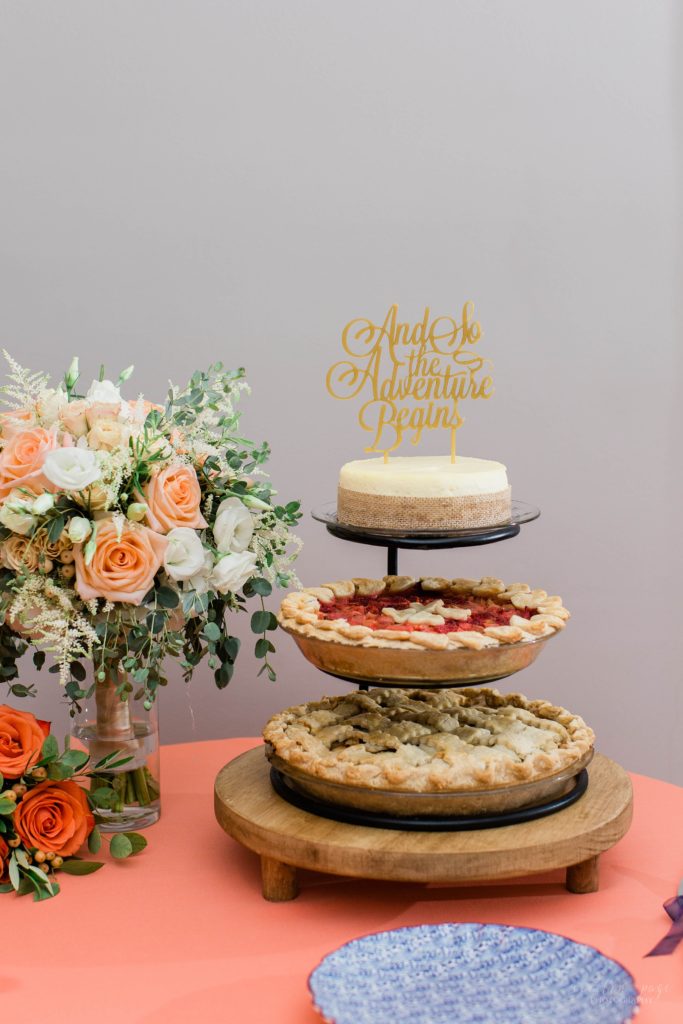 Tiered set up of pies for wedding