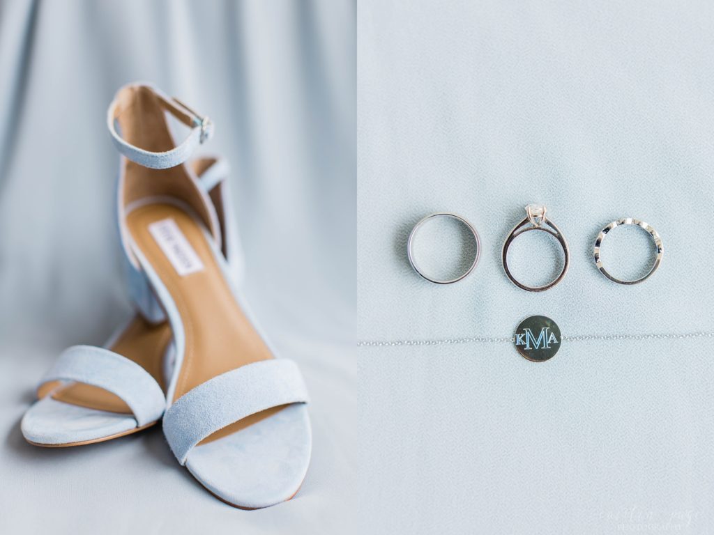 Wedding day details with blue scrappy sandals and wedding rings