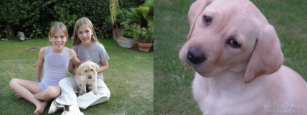 Old photos of puppy and two girls holding the puppy