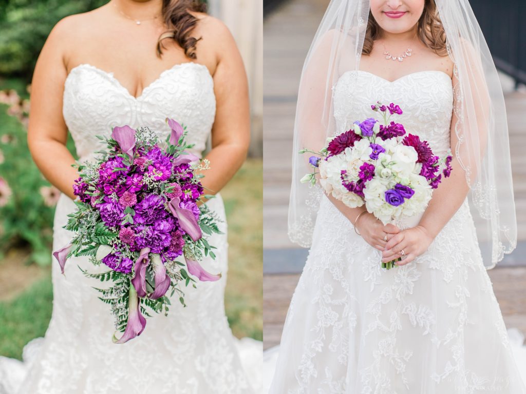 Bride holding delicate purple floral spray and bride holding white and purple wedding boueut