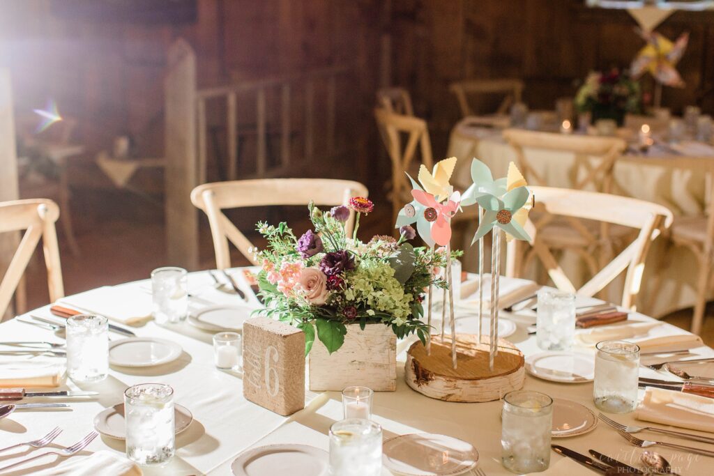 Wedding reception tables at the Barn on the Pemi