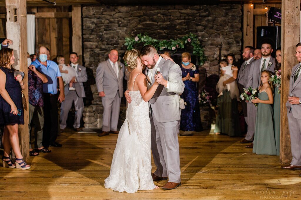 Bride and groom's first dance at the Barn on the Pemi