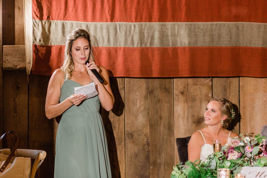 Speeches at wedding reception at Barn on the Pemi