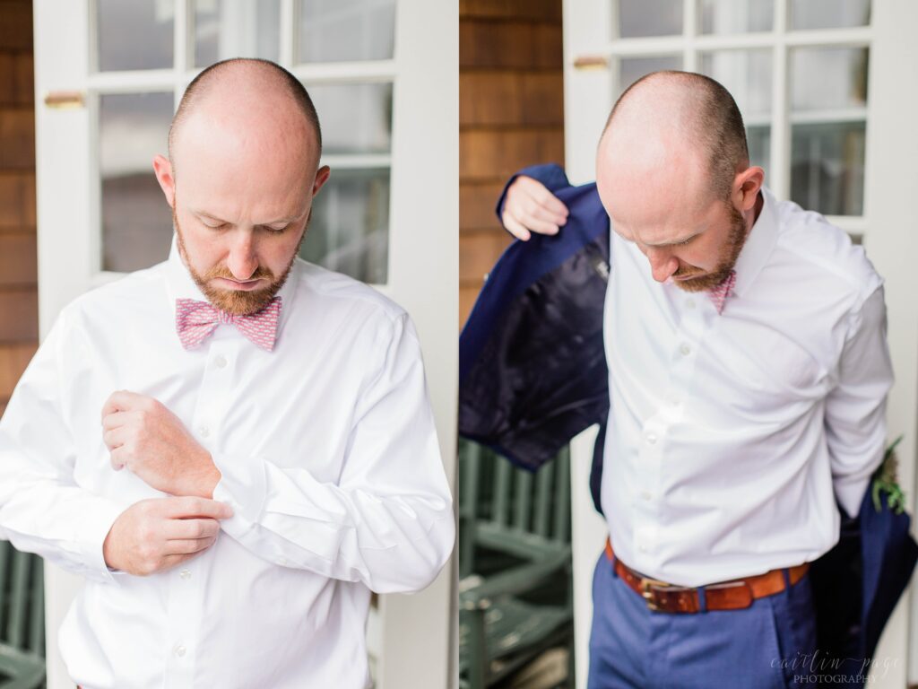 Groom buttoning his cuffs and putting his jacket on