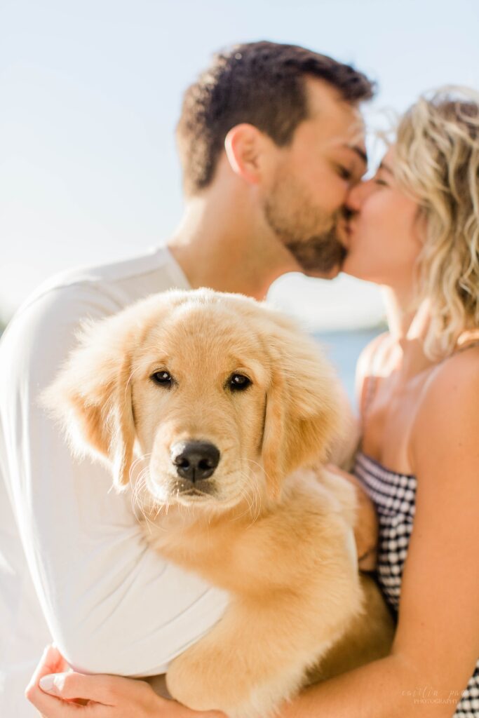 Man and woman holding golden retriever puppy while they kiss