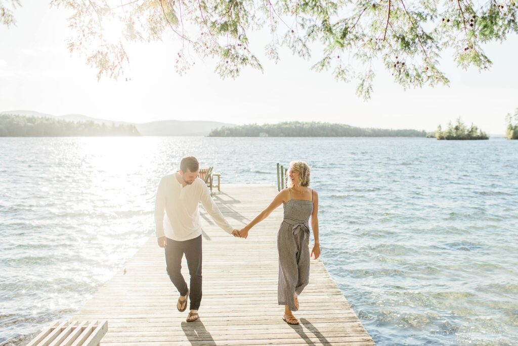 Man and woman walking together on dock