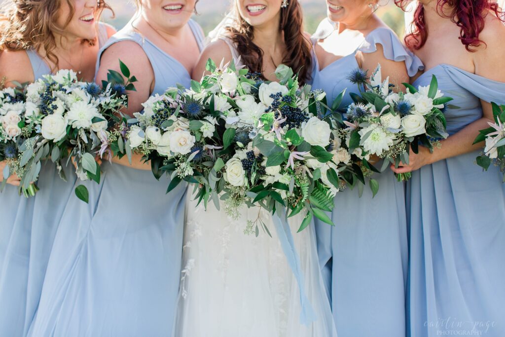 Textured wedding bouquets with hints of blue