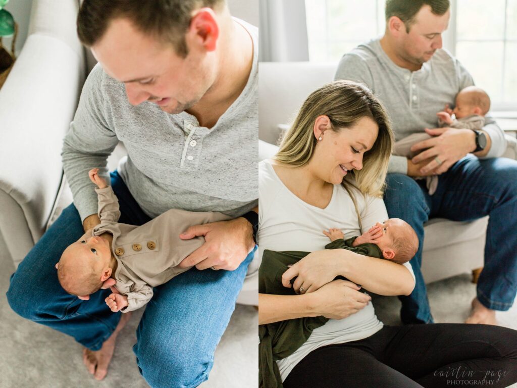 Mom and dad holding twin babies in nursery