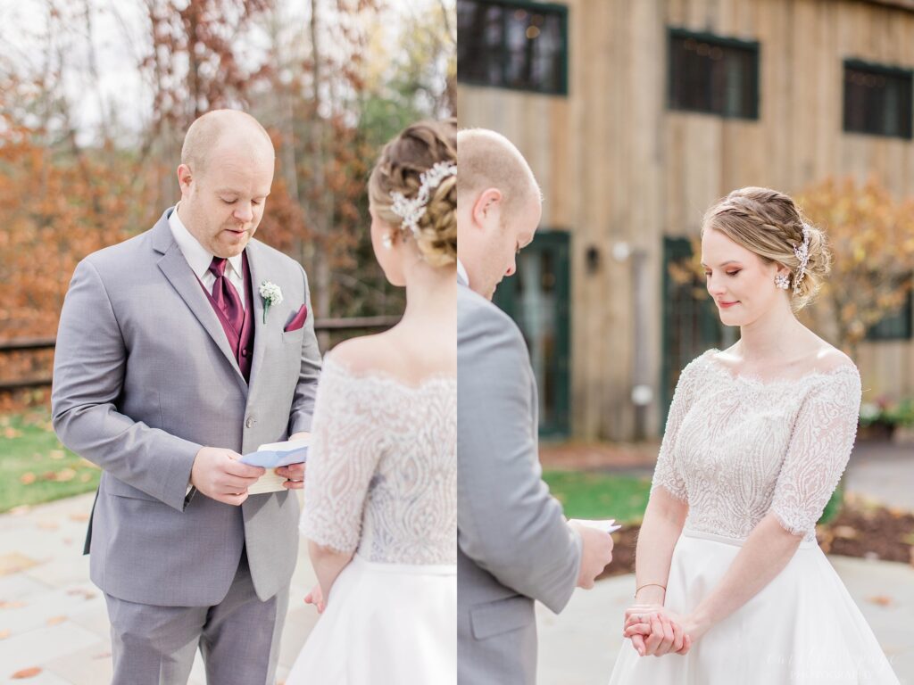 Bride and groom reciting private vows to each other at first look