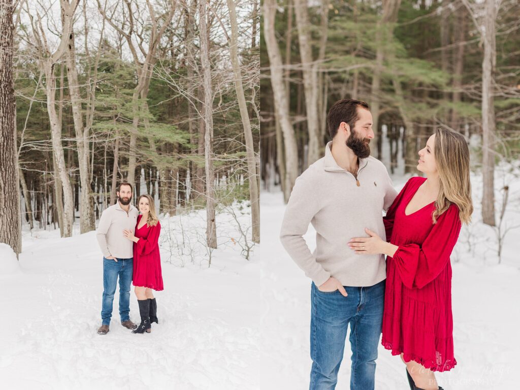 Snowy winter engagement session in Holderness