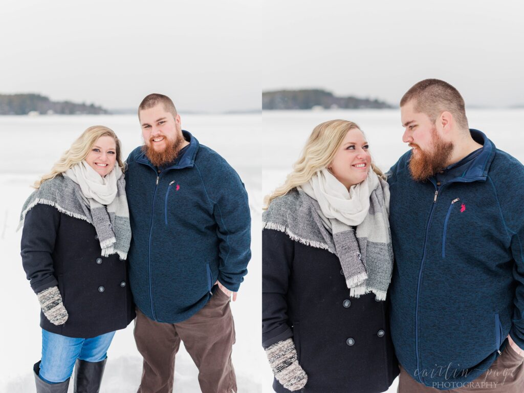 Couple standing together next to frozen lake