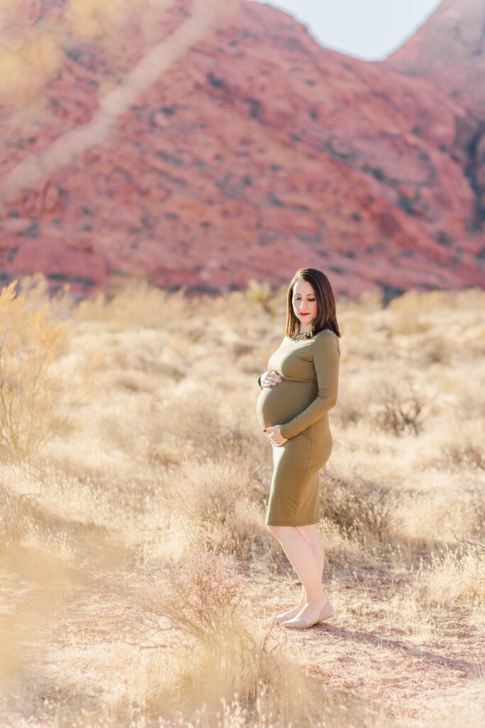 Pregnant woman standing in the desert