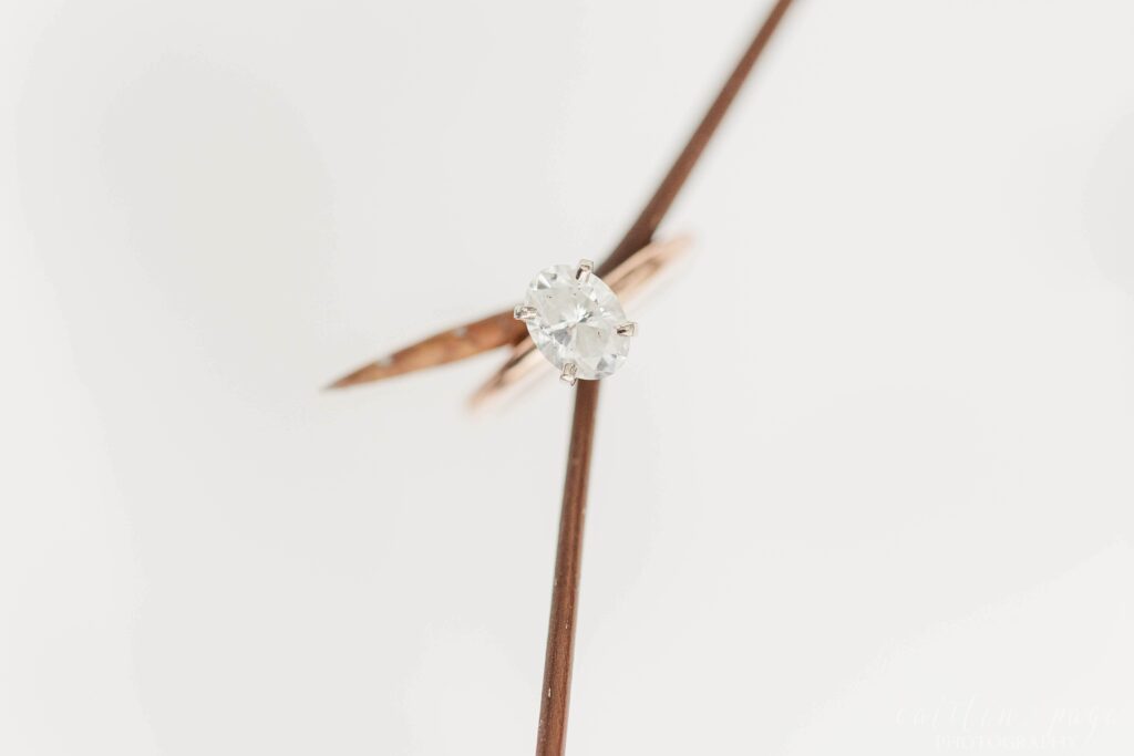 Oval solitaire engagement ring on a branch