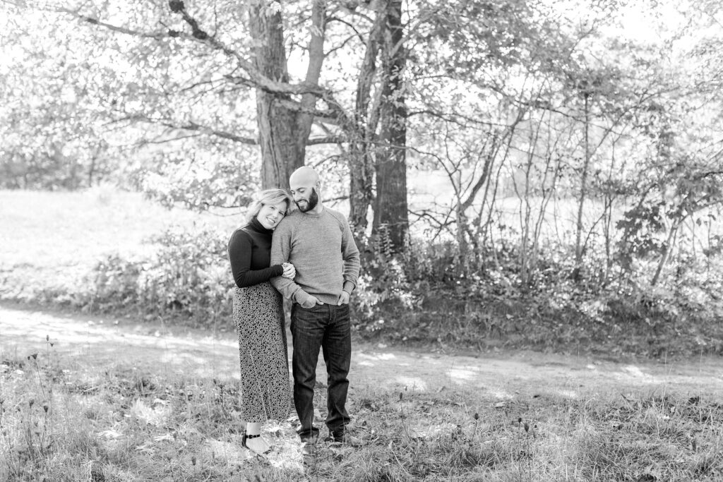 Black and white photo of couple standing together